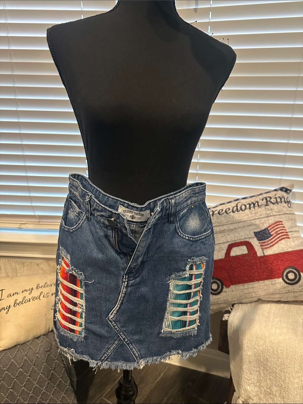 Crazy Train Distressed Denim Mini Skirt with Red & Teal Patchwork